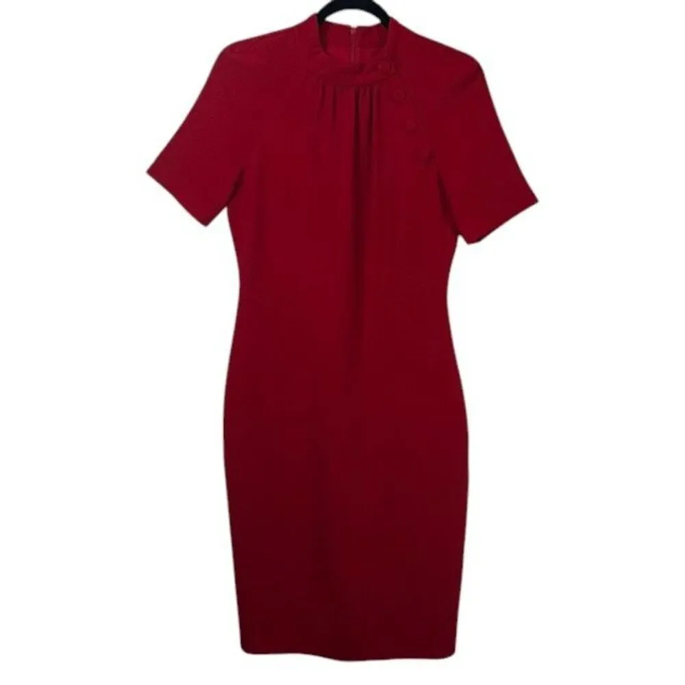 NWOT Badgley Mischka Red Mock Neck Knee Length Dress Pintucks Back Zip Size 4 - Picture 3 of 14